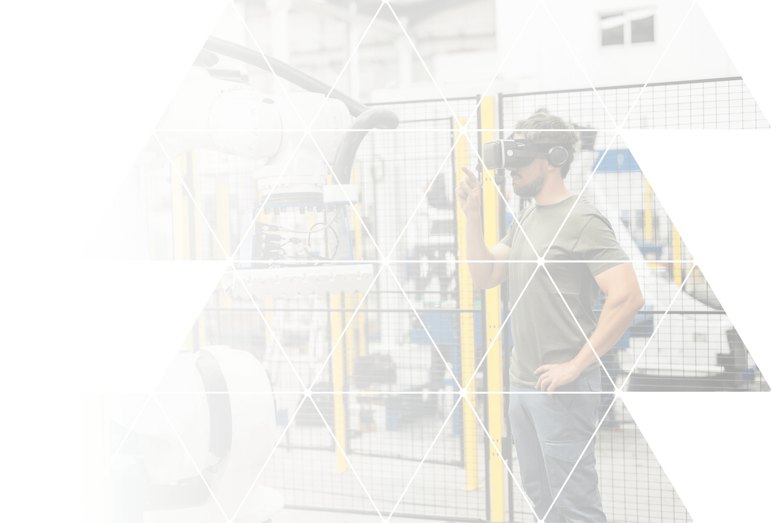 Engineer wearing a virtual reality headset controls a robotic arm inside a factory, showcasing the integration of vr technology in industrial automation