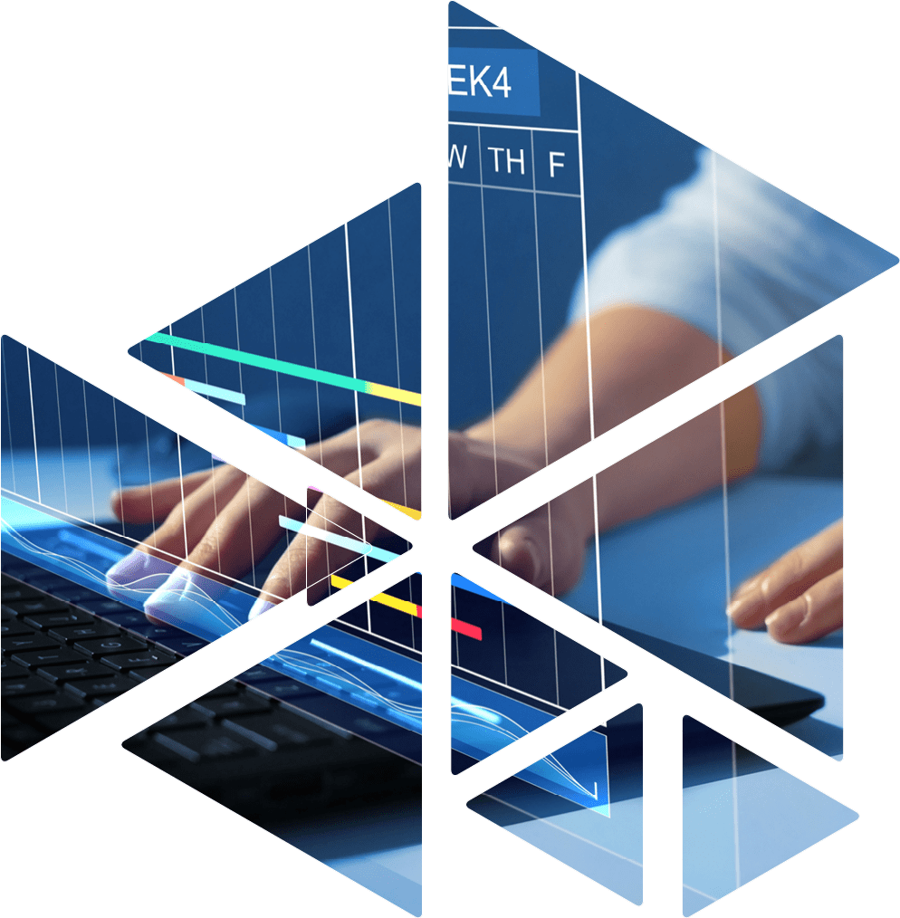 Business Data Management System. Project manager working on laptop and updating tasks and milestones progress planning with Gantt chart scheduling interface for company on virtual screen.