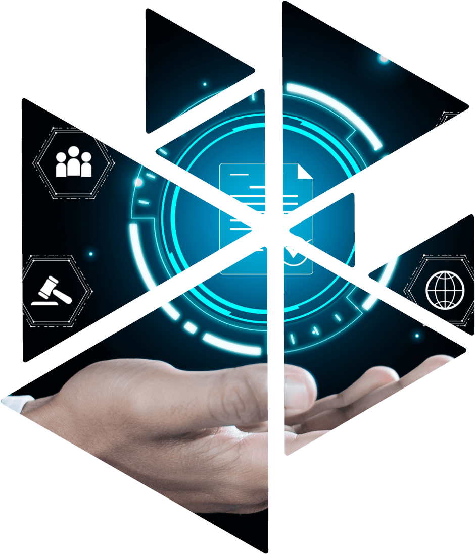 Compliance rules and law regulation policy concept. Businessman hand holding compliance icons on virtual screen for enforcement of laws, regulations, and standards.