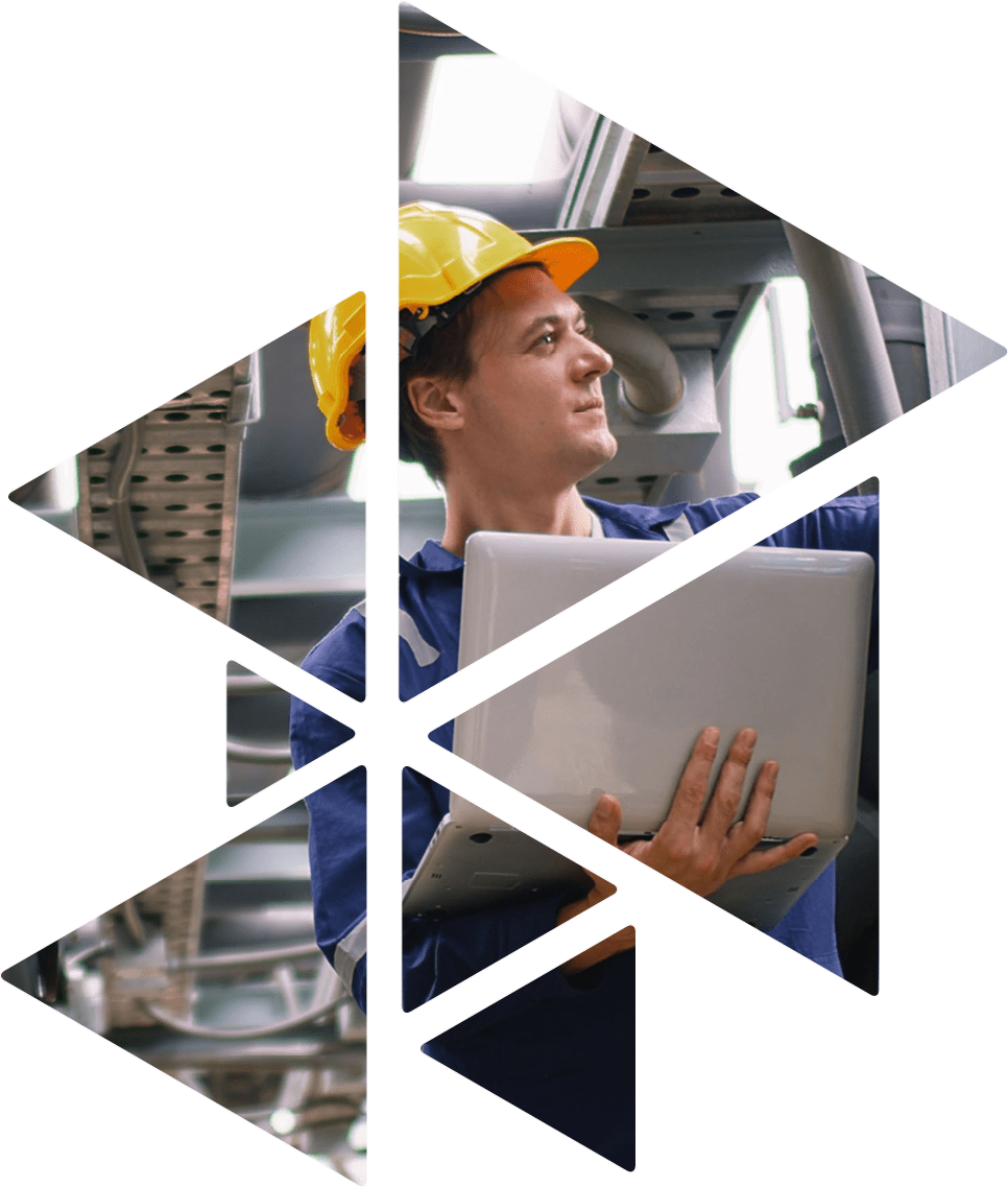 engineer using laptop checking industry cooling air conditioner water cooling tower air chiller of large industrial building to control air system at construction site