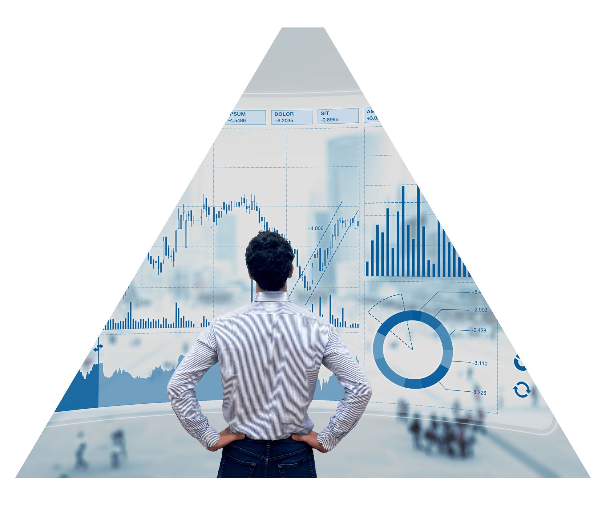 Finance trade manager analysing stock market indicators for best investment strategy, financial data and charts with business buildings in background