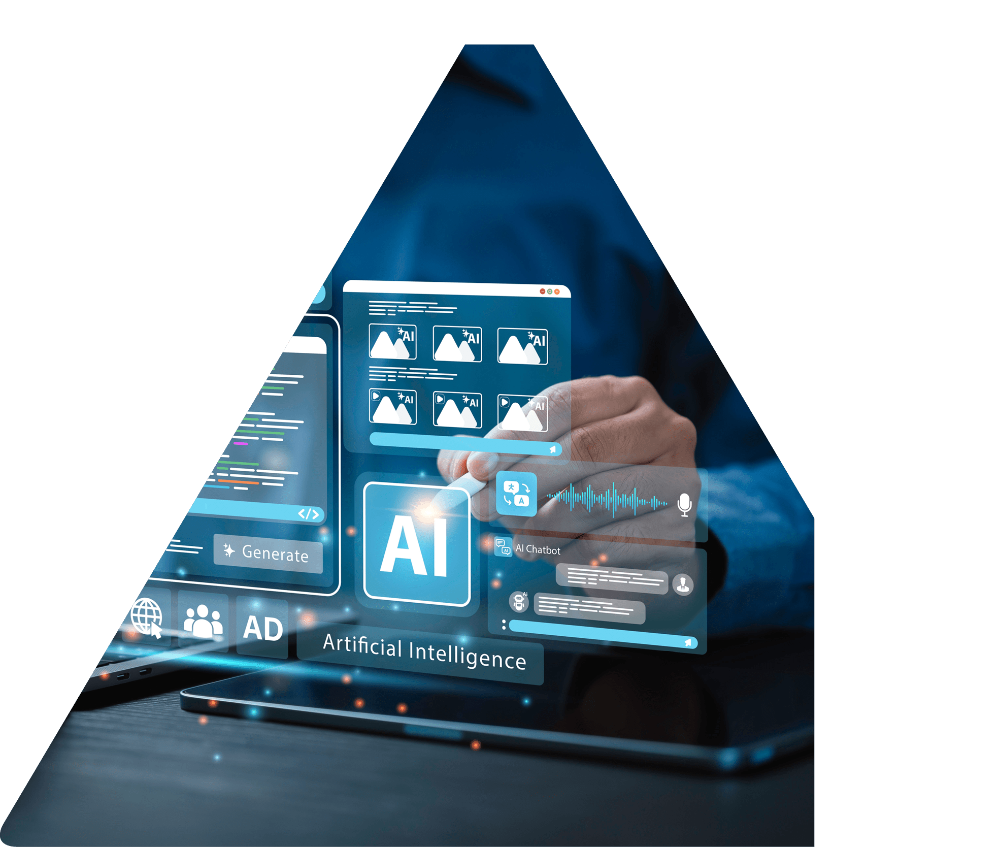 Ai generate concept. Artificial Intelligence Content Generator tool. Man uses a laptop with AI assistant to graphic design, translate language, chat bot, generate images, write code, and advertising.